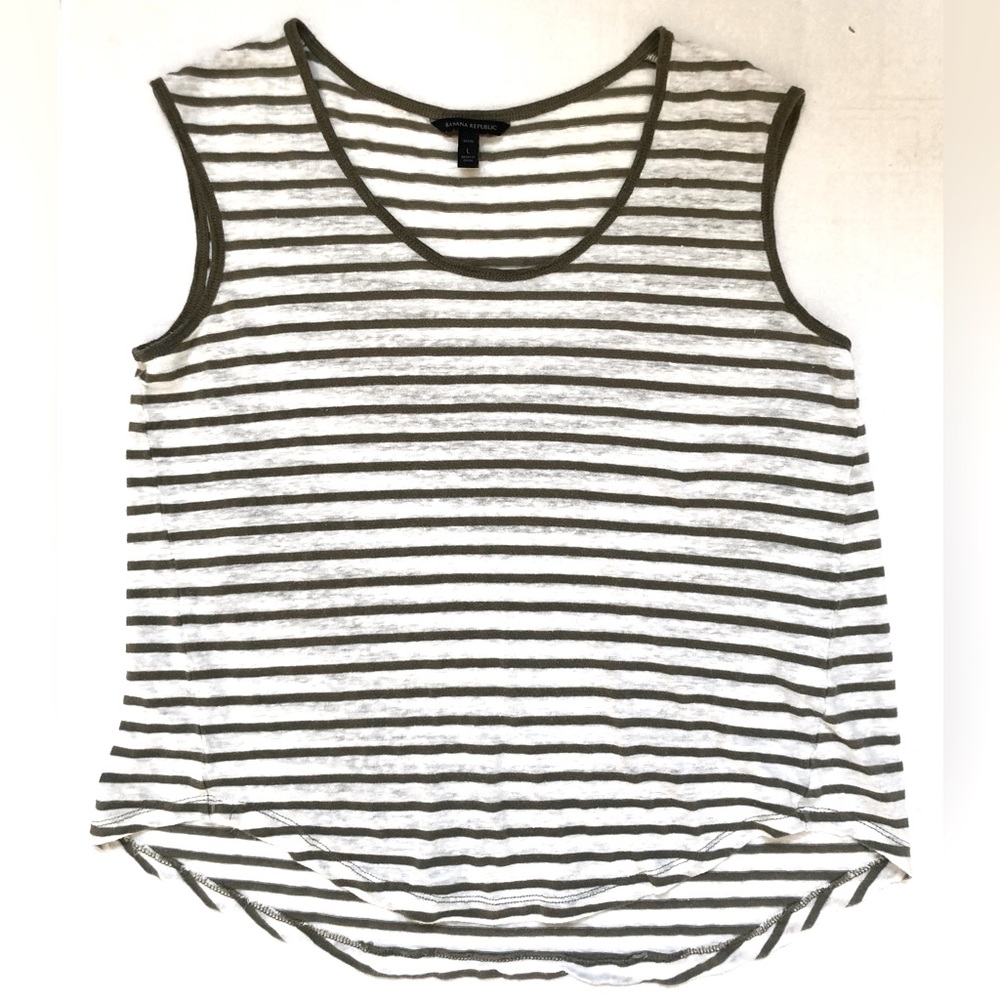 Banana Republic L (Petite) Linen Cotton Scoop-Neck Green Striped Resort Tank